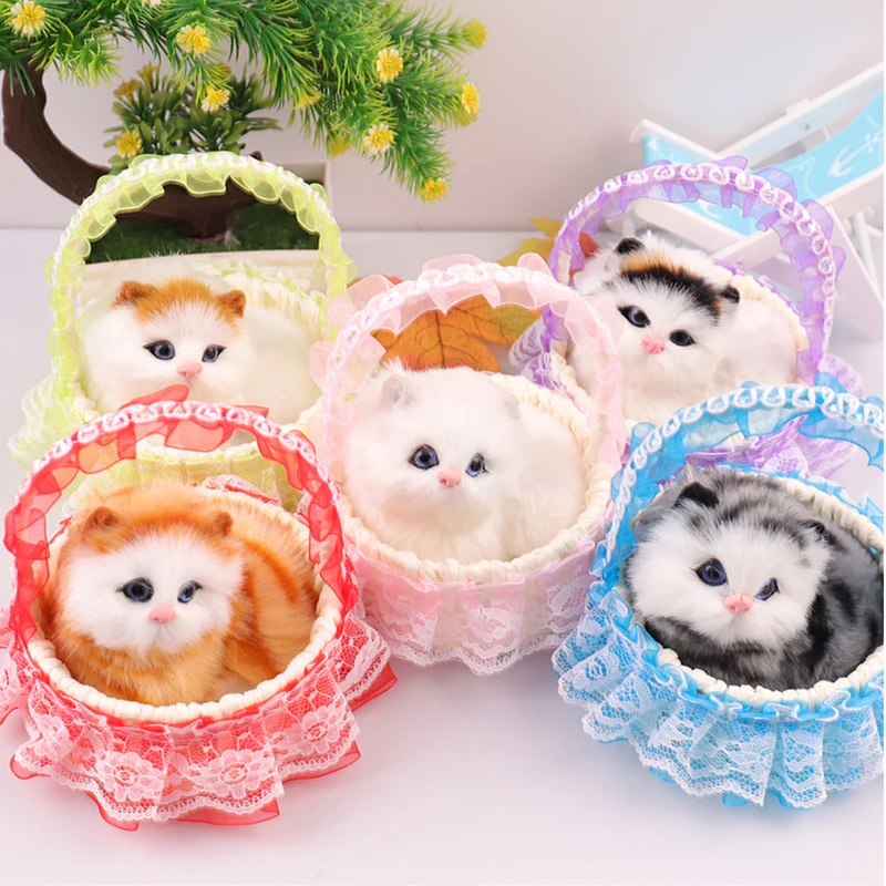 Simulated Artificial Fur Cat Portable Lace Flower Basket Model Realistic Cat Toy With Sound Kids Interactive Toy Birthday Gift
