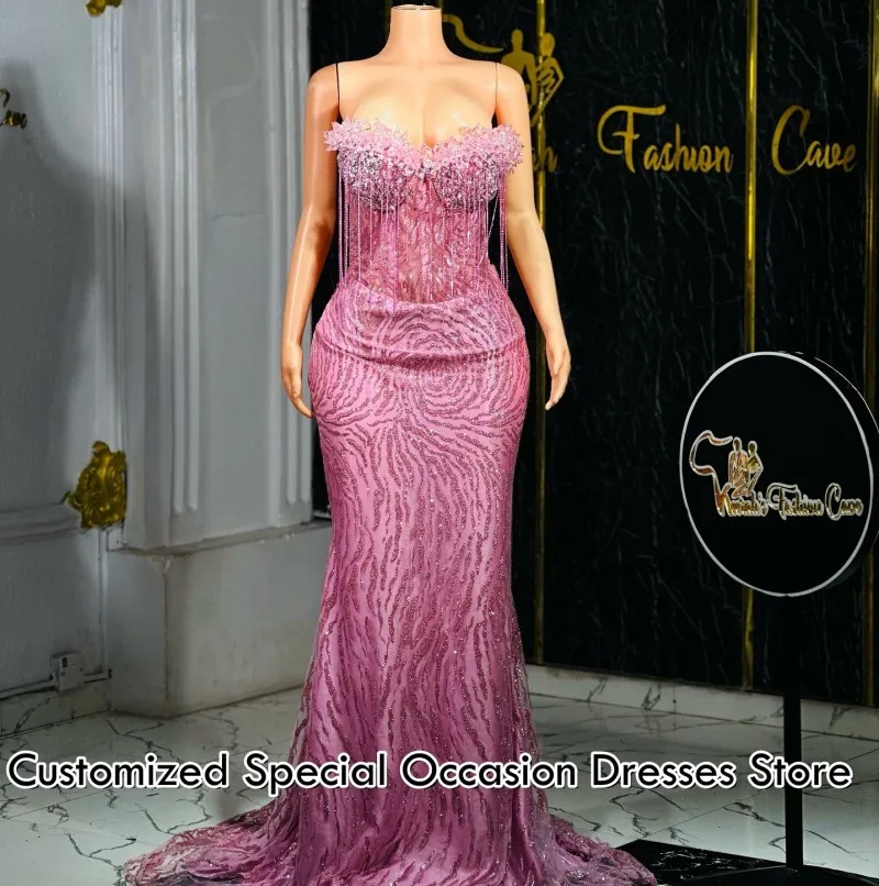 Abiti da ballo romantici Sweetheart Sirena Nappa Abito da festa Eleganti paillettes Cristallo Nero Ragazze Abiti da sera africani Personalizzati