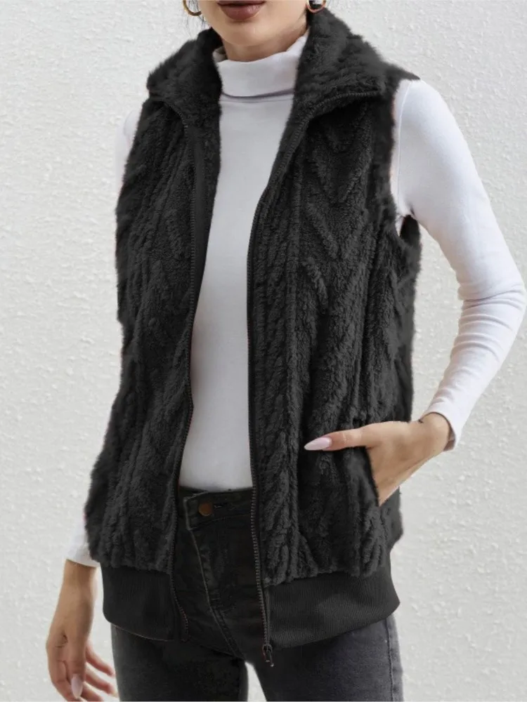 Fashion Plush Cardigan Vest For Women Casual Zipper Lapel Pocket Solid Color Warm Women\'s Vest Coat Female Streetwear 2025