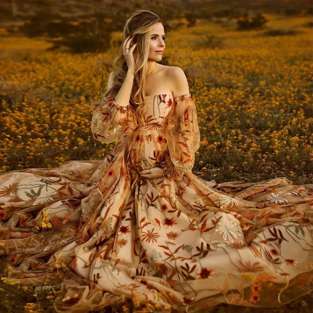 

Elegant Gowns Floral Off Shoulder Maternity Photoshoot Dresses Side Slit Embroidery Pregnancy Shooting Dress Wedding YW230320