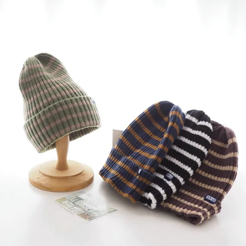 

Winter Striped Knitting Hat Women Beanie Caps Female Outdoor Ear Protection Warmth Bonnet Cap