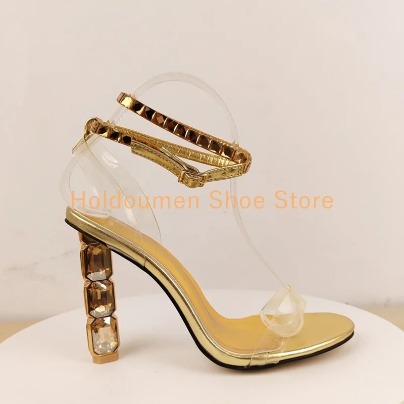 Fashion Rhinestone Heel Design Peep Toe High Heel Sandals Patent Leather One Strap Ankle Strap Rhinestone Decor Party Sandals