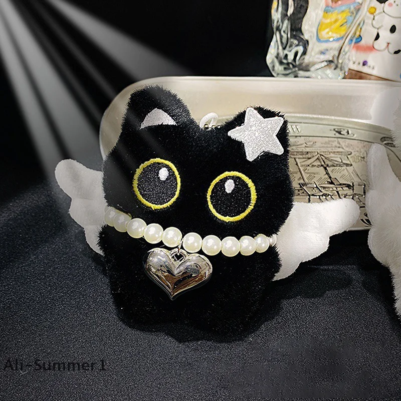 【E】Cute Angel Little Black Cat Little Milk Dog Plush Doll Pendant Backpack Hangings Decoration