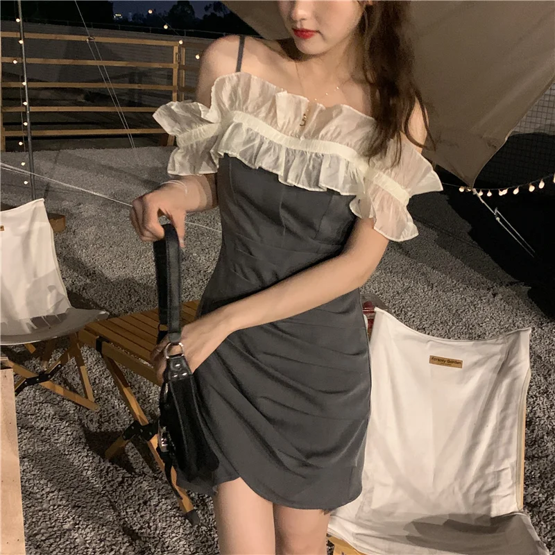 Summer Grey Dress Women Contrasting Colors Vintage Fashion Y2K Style Miniskirt 2023 NEW Female Temperament Elegant Party Dress