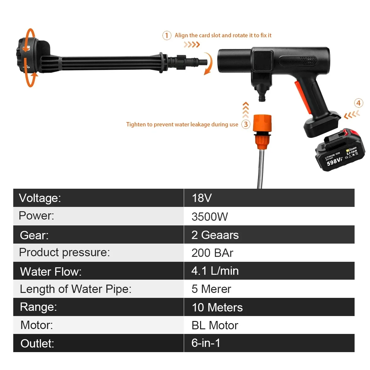 200Bar 3-Speed Brushless Booster Electric Pressure Washer 6-in-1 Home Car Wash Garden Rinse Gun for Makita 18V Battery Guns