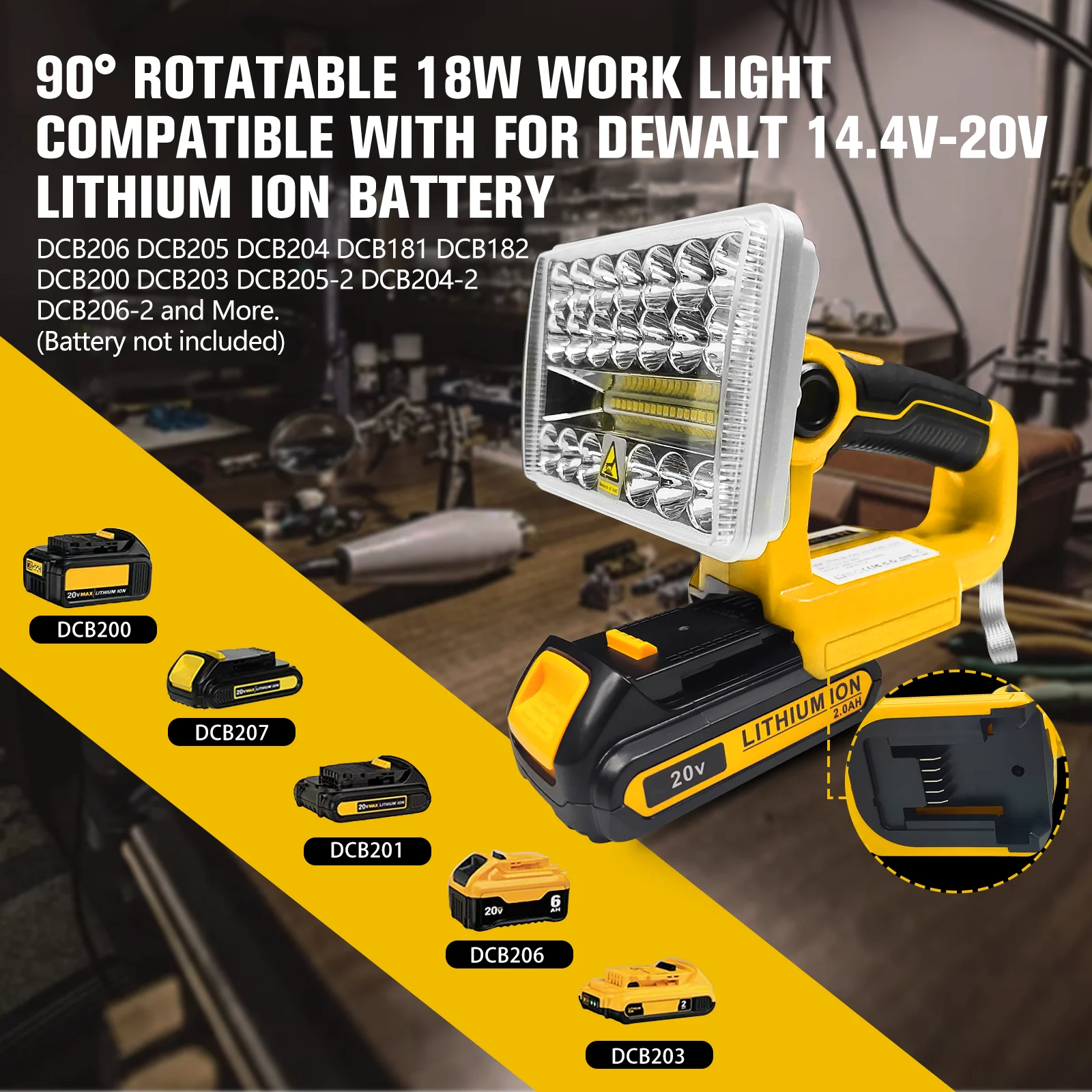 Cordless LED Work light for Dewalt 20V Battery 18W 2000LM LED Flood Light Outdoor Flashlight with USB Port (No Battery)