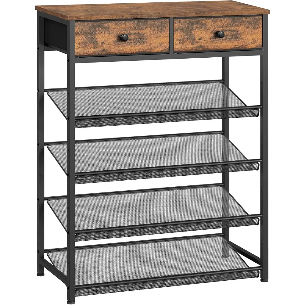 

5-Tier Shoe Rack with 2 Drawers, 12-16 Pairs Storage, Wooden Top, Flat & Slant Adjustable Metal Shelves