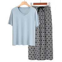 Trendy Lady's Loungewear V Neck Pullover Short Sleeve Pajamas Sets Spring Summer Soft Touch Pants Casual Homewear 2pcs - Image 6