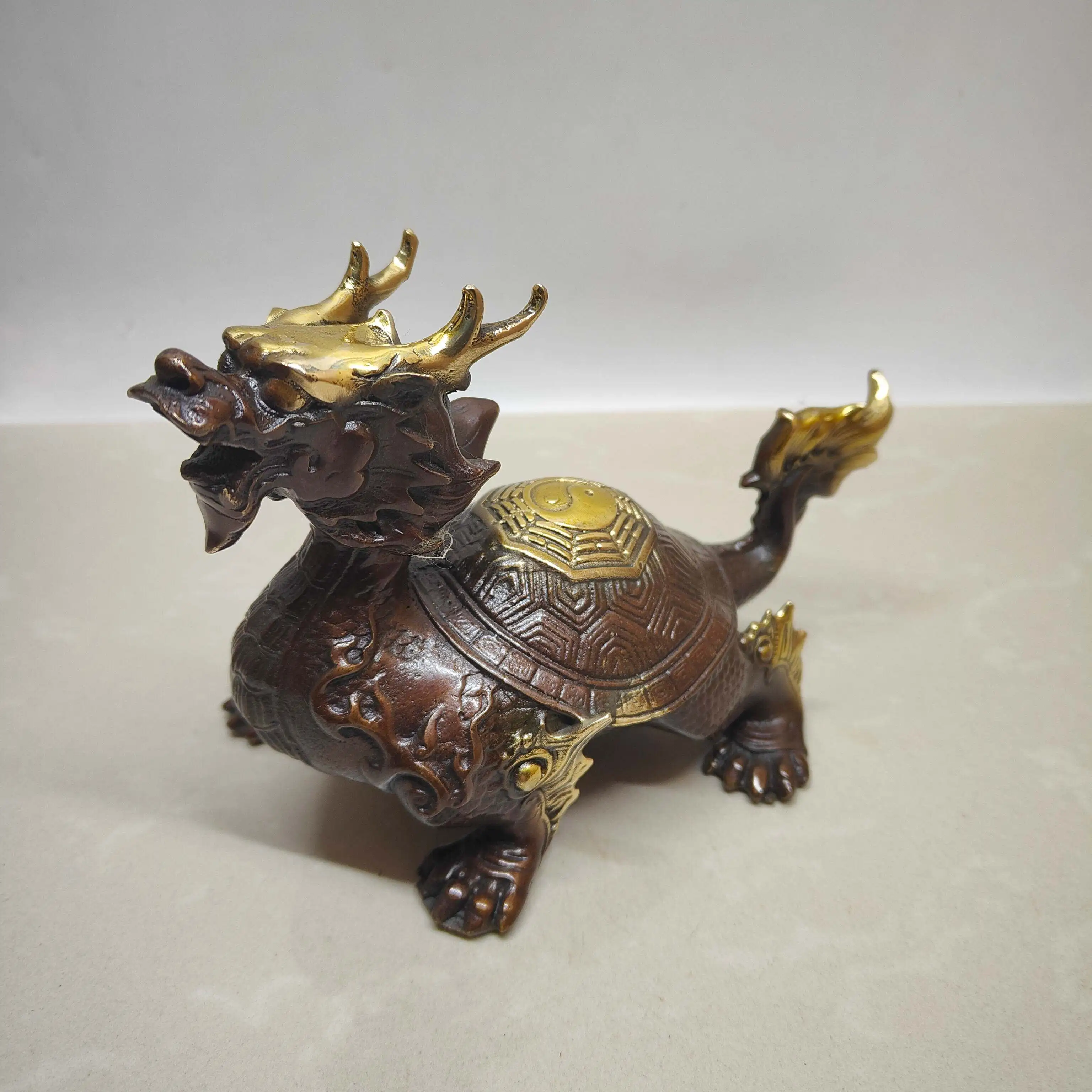 Chinese Feng Shui Vintage Brass Dragon Turtle Statue Wealth Lucky Home Business Decor