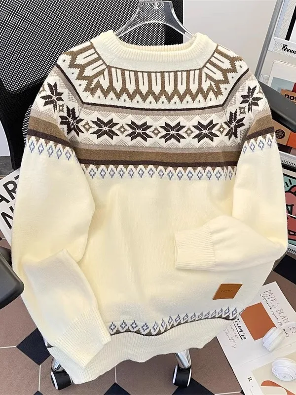 

Retro Fair Isle Knit Sweater Long Sve round Ne Loose Fit Warm Trendy Brand Men Women Winter Lazy Sle Geometric Pattern