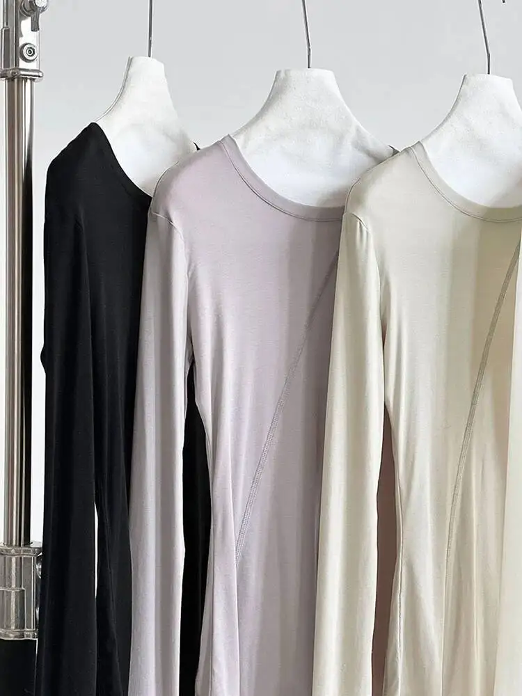 High Quality Perspective Women Gray Thin Slim Irregular T-shirt New Round Neck Long Sleeve Fashion Spring Autumn 2026 IDI5 - view 5
