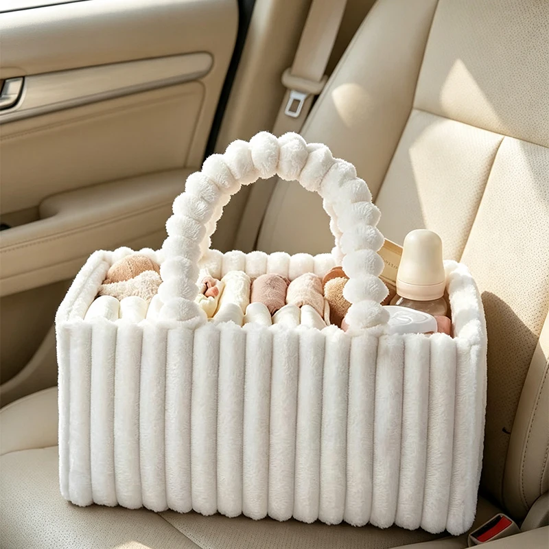 Plush Solid Color Simple Handbag Outdoor Portable Large Capacity Diaper Storage Bag Travel Lightweight Baby Item Organizer