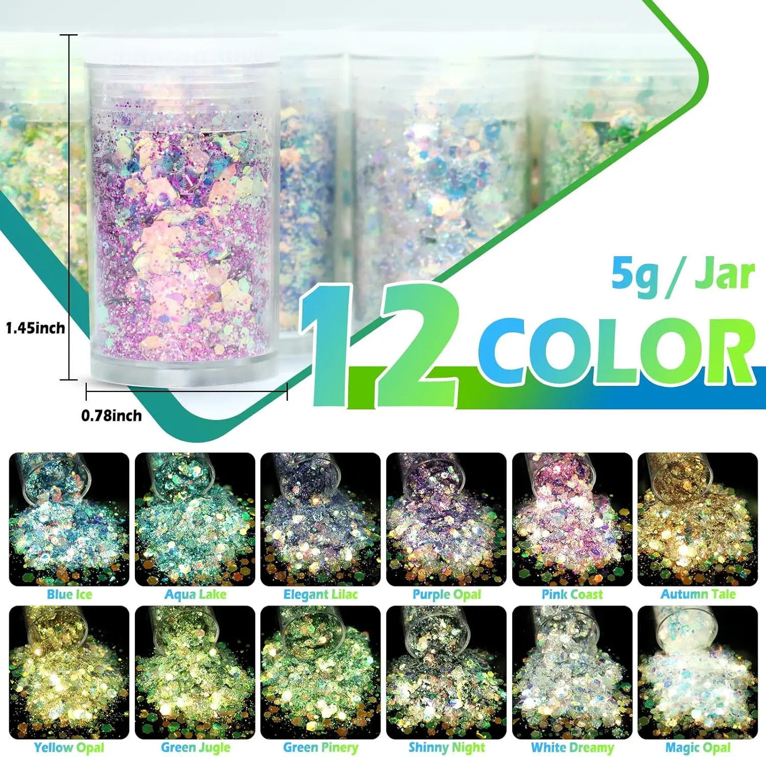 Opal Chunky Glitter – 12 verträumte Bernsteinfarben, je 5 ml – holografischer feiner Glitzermix, Nagelglitzer, schillernd und für DIY-Bastelarbeiten – Detail 3