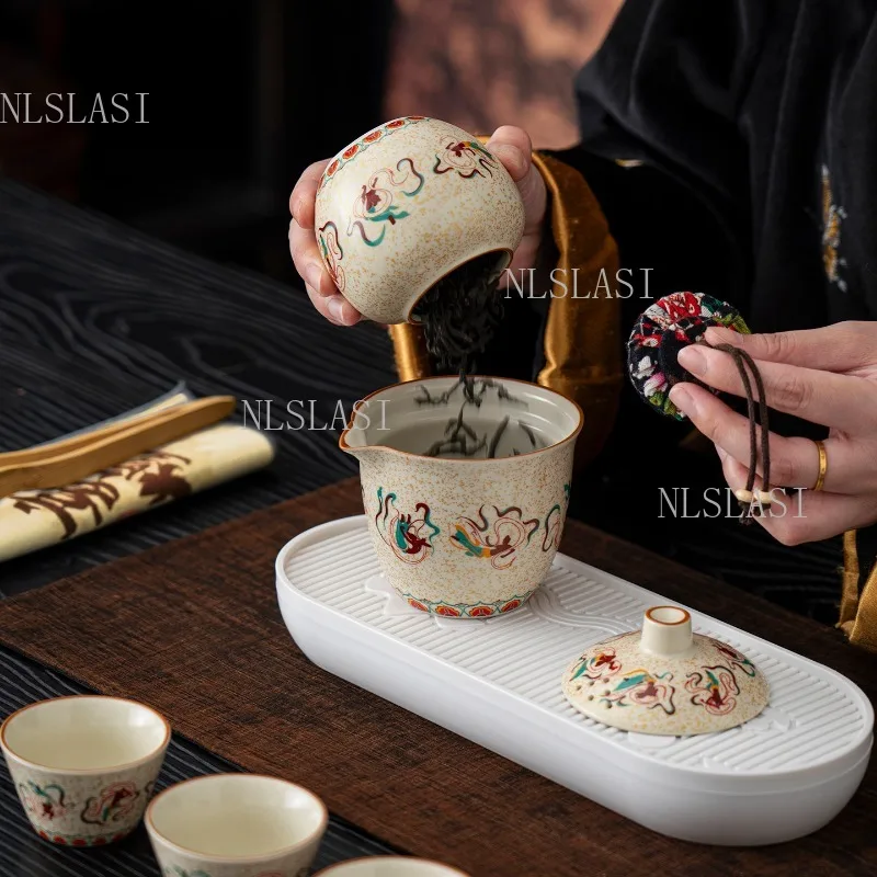 Dunhuang Flying Apsaras Ceramic Tea Set Gift Box Retro Chinese Style Teapot Tea Caddy Complete Kung Fu Tea Kit For Holiday Gift
