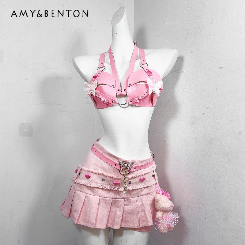 

Original Pink Leather Lace-up Women's Top Fringed Splicing Mini Pleated Denim Skirt Sexy Hot Girl Sweet Cool Skirts Suit Ladies