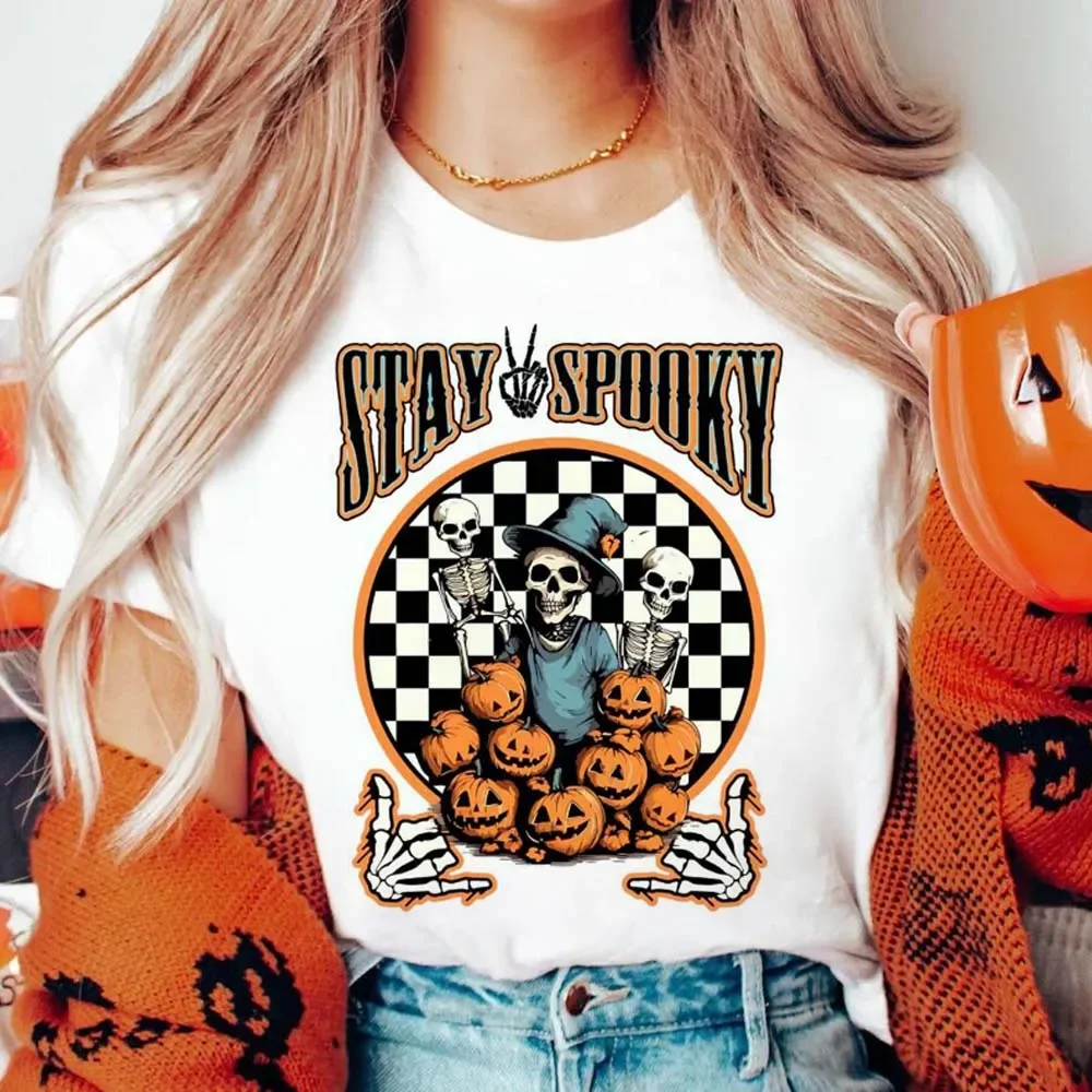 Fun Style Vintage Stay Spooky Skeleton Hand Summer Fashion Women's Short Sleeve Pattern T-Shirt Printed Basic T-Shirt Top