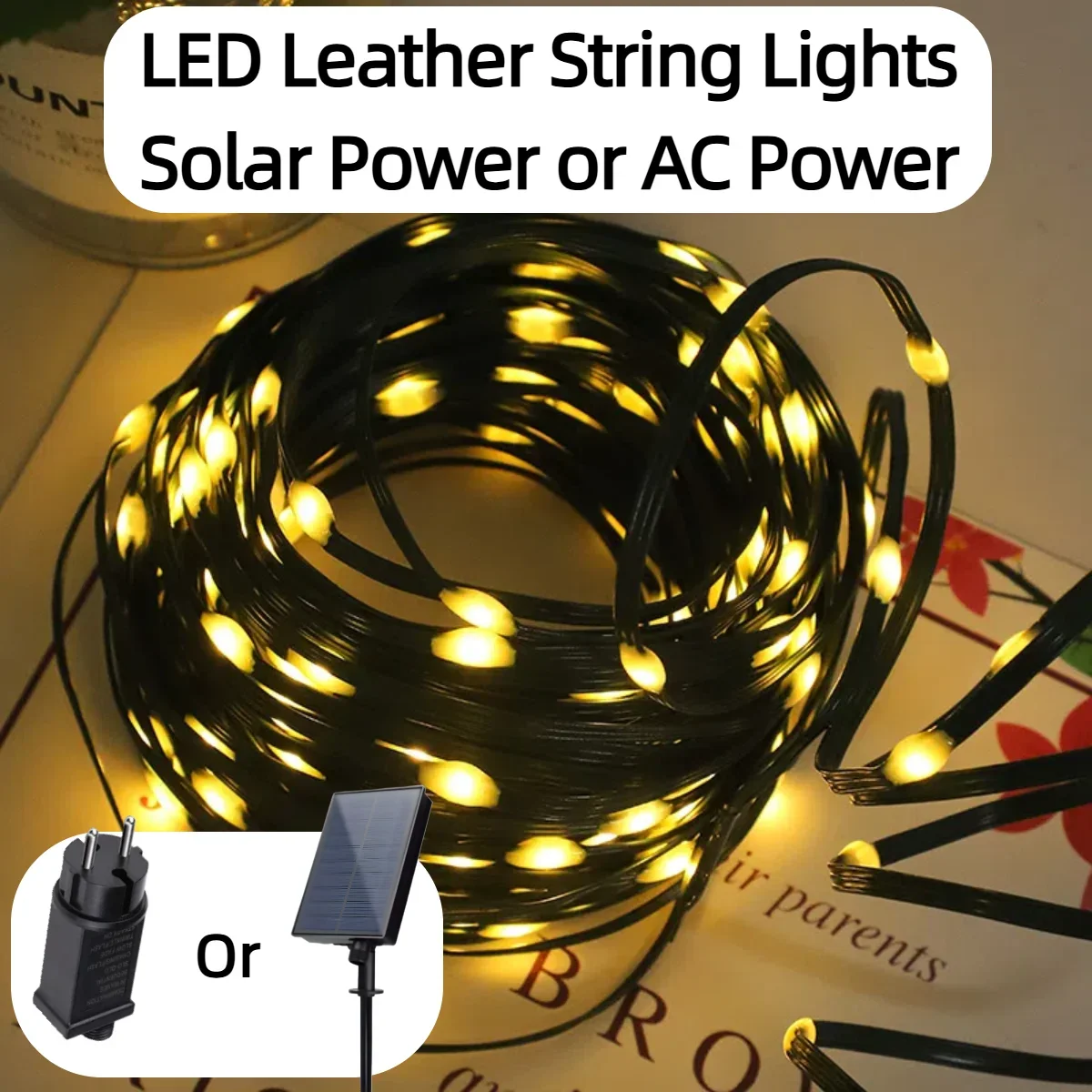 High Quailty Leather Garland String Lights Waterproof With Twinkle Star 8 Modes Solar Panel/AC Power For Outdoor Decor Christmas