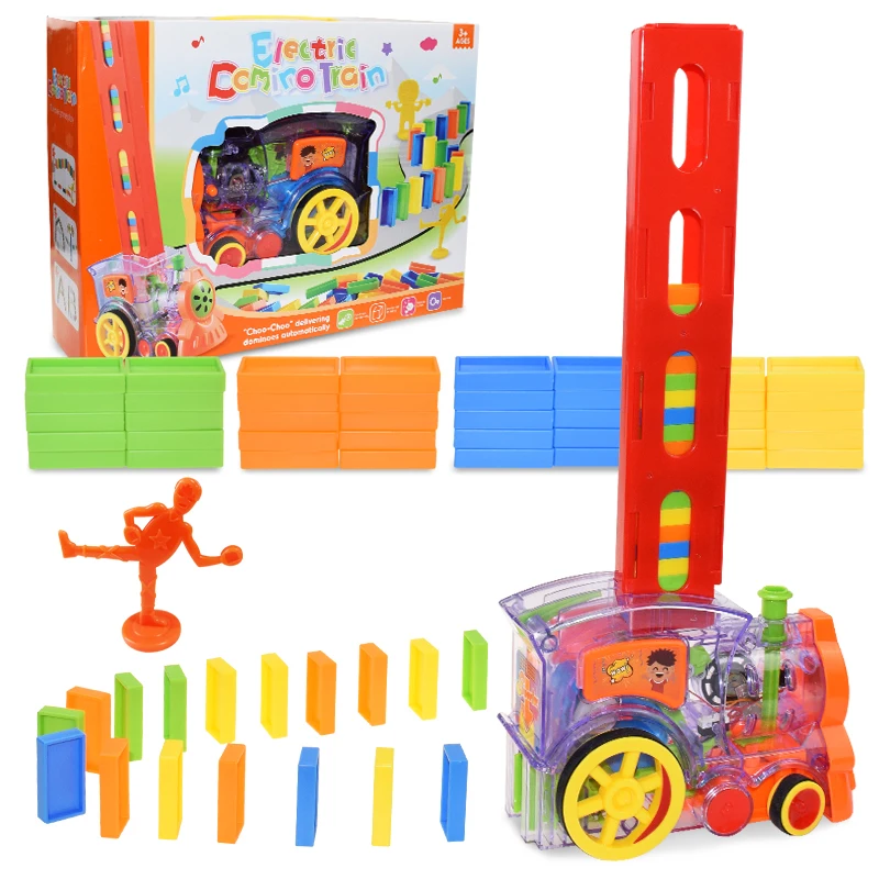 Tren de dominó para niños, juego de bloques de dominó de colores, luz de sonido, colocación automática, juguete educativo DIY, regalo