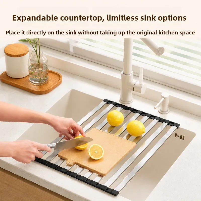 

Stainless Steel Drain Roller Shutter Kitchen Sink Drain DishRack Foldable DrainSilicone Rack DrainSheet