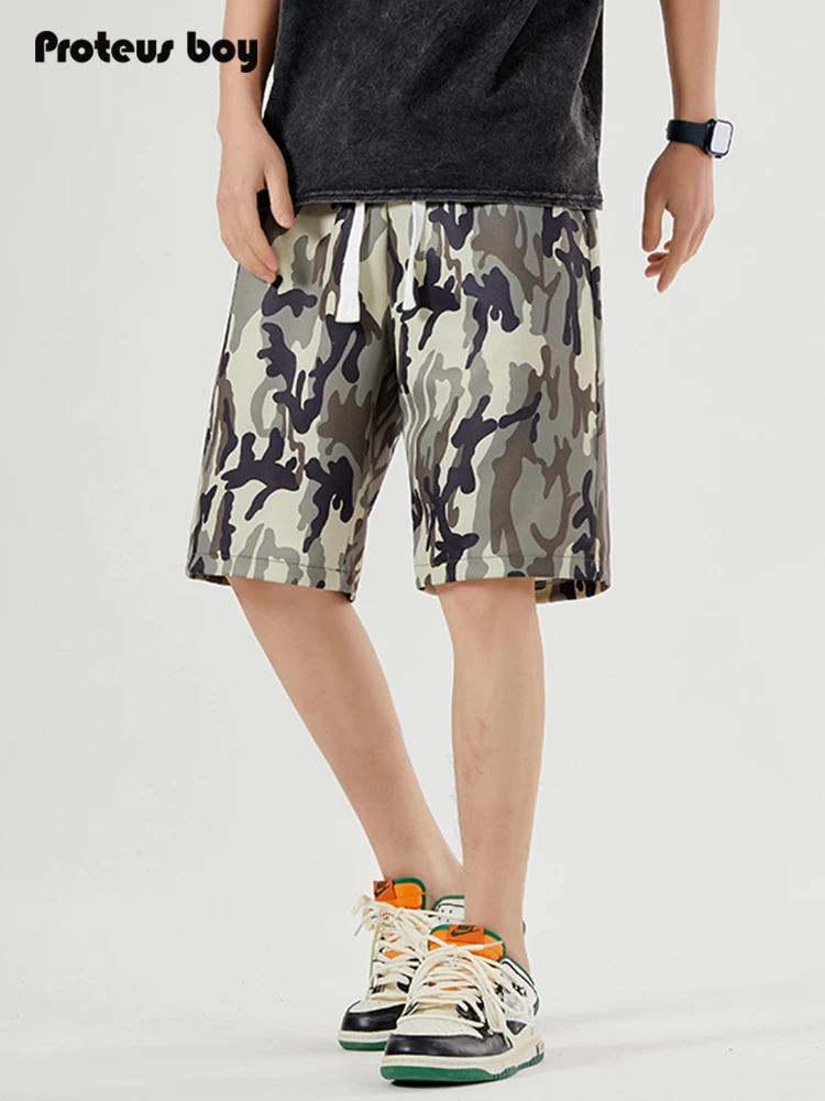 

ProteusBoy American Retro Camouflage Outdoor Sports Loose Casual Five-Quarter Dstring orts Straight Leg Leisure Faion