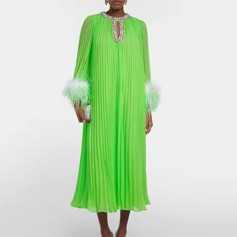 2024 Autumn New Dress Round Neck Heavy Industry Hairy Sleeves Splicing Pleated Medium and Long Dresses Casual Women\'s Clothing