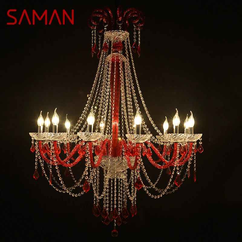 

SAMAN European Style Crystal Pendent Lamp Red Candle Lamp Living Room Restaurant Villa Staircase Duplex Building Chandelier