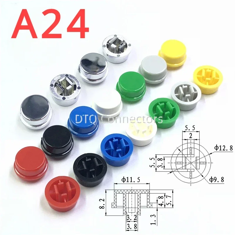 50pcs A24 Tactile Push Button Switch Cap Adapted To 12*12*7.3 mm Micro Tact Switches 8 Colors Silver Red Black Blue Green Gray