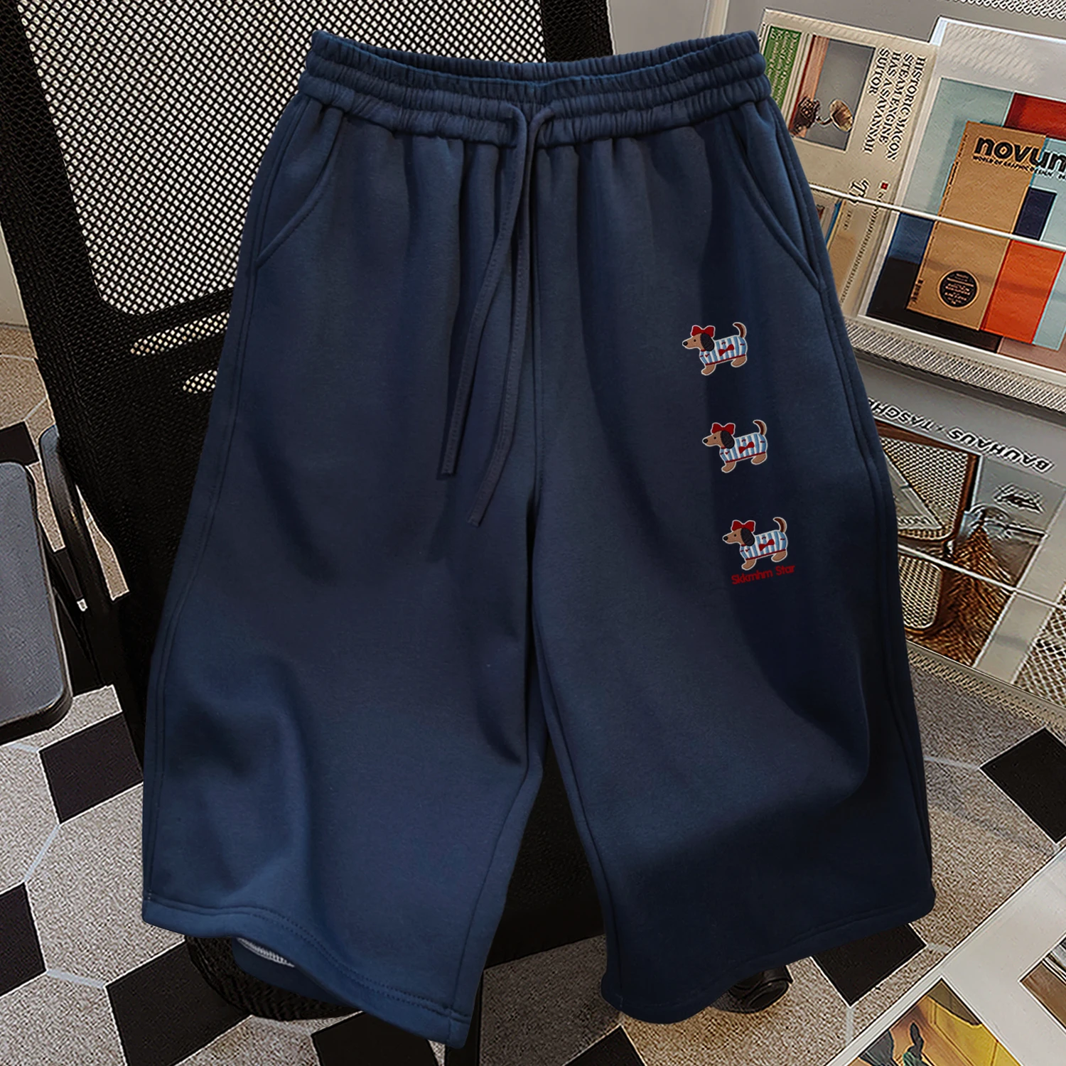 

Japanese Lazy College Style Sausage Dog Print Sports Seven-Foot Pants Women Summer Versatile Dark Blue Drawstring Trousers Men