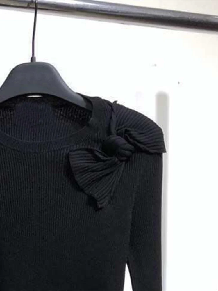 Clearance Price Women Round Neck Slim Fit Knitted Sweater Bow Spliced Slim Knitwear Tops