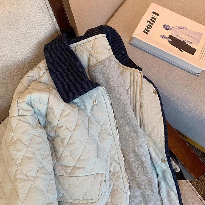 سترة قطنية ذات طية صدر السترة متباينة كلاسيكية للنساء للخريف والشتاء بسحاب ملابس مبطنة غير رسمية معاطف مخملية دافئة وخفيفة الوزن أنيقة #3