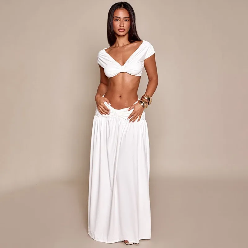 2 Piece Outfit, Solid Color Sleeveless Crop Top & Ruched Maxi Skirt for Women, Sexy Party Matching Set