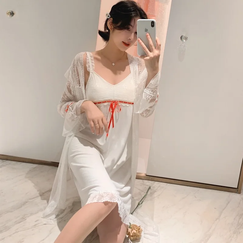 Bra Pad New Spring Autumn Women's Sleepwear Nightshirt Modal Lace Princess Night Dress Sexy Nightgowns Female Two Piece Set