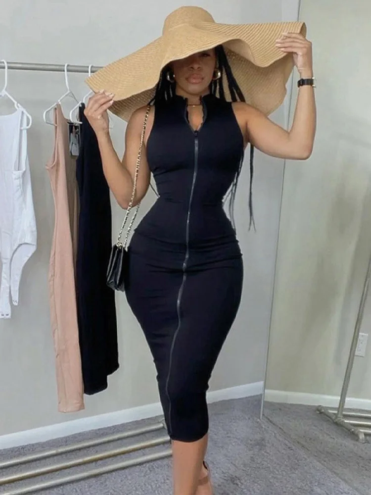 Silm Soild V-Neck Sleeveless Parti Dress For Sexy Women Clothes Evening Short Black Bodycon Mujer Zipper Summer Fashion Classy