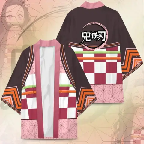 Demon Slayer Kamado Nezuko Haori Kimono Cardigan Unisex Anime Cosplay Costume Pink Checkered Pattern Open Front Cape Casual