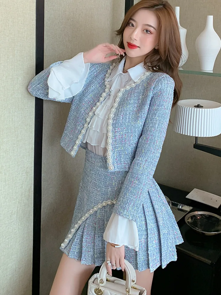 2024 Autumn Winter New Women Tweed 3 Piece Set Beading Short Coat + Pleated High Waist Pleated Skirt + Chiffon Shirts Outfits