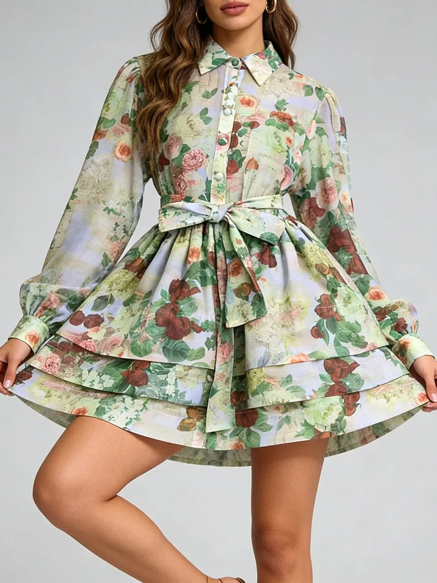 TWOTWINSTYLE 프린팅 시스루 레이스업 빈티지 드레스 여성용 라펠 긴 소매 패치워크 러플 드레스 여성 의류