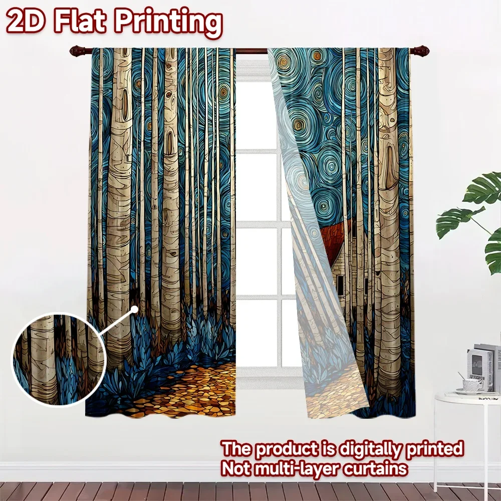 Digital Print Forest Scene Curtain 2pcs Blue Cottage Style Nature Art Curtains for Living Room Window Decoration