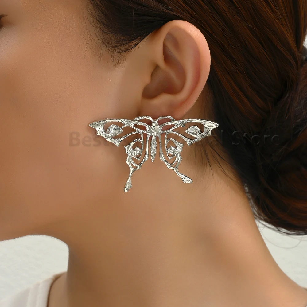 أقراط كلاسيكية على شكل فراشة مجوفة معدنية باللون الذهبي والفضي للنساء مجوهرات فاخرة أنيقة وإكسسوارات الحفلات الراقصة #4