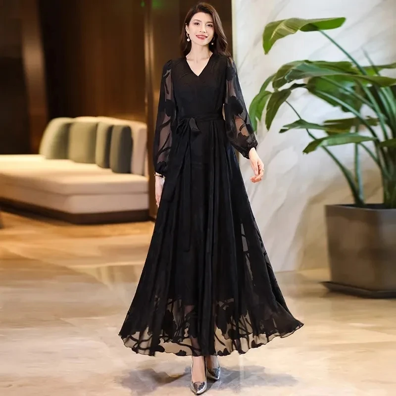 

2024 Women Chiffon Dress Casual Beach Clothes Party Oversize Dress Elegant Long Sleeve Fashion Dresses Female