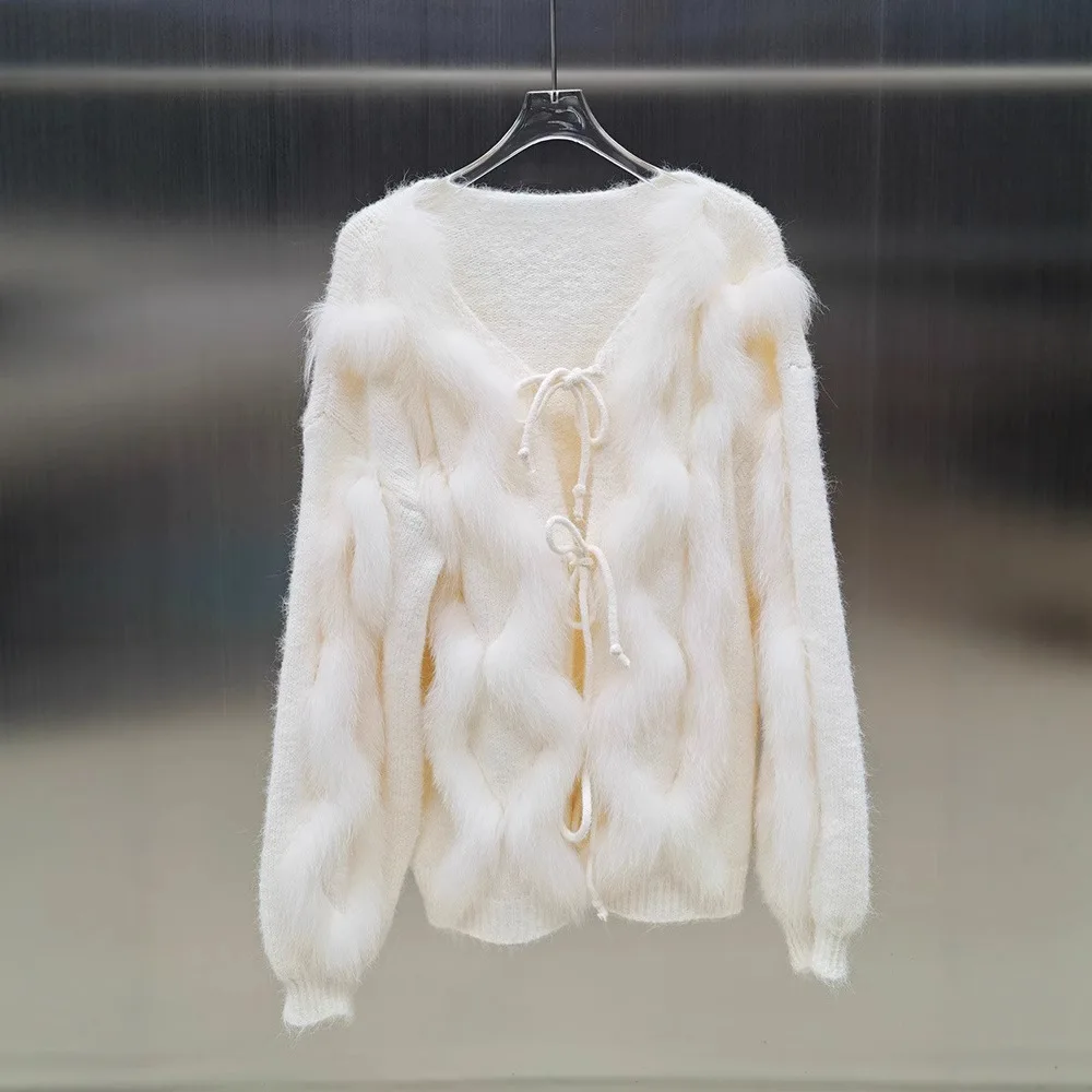 

2025 New Fashion Knit Women Pullovers Oversized Real Natural Fox Fur Sweater Lace-up Cardigan Elegant Clothing Female Jackets