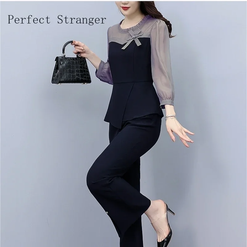 Women Chiffon Patchwork Elegant Pants Sets For Spring Autumn 2024 New Office Lady Slim Bow 2 Pieces Pantsuits Outfits Oversize