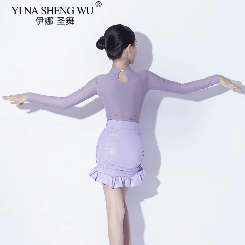 ชุดเต้นลาตินสีม่วงสำหรับเด็กผู้หญิง แขนยาว ผ้าตาข่าย ชุดจั๊มสูทและกระโปรง ชุดแสดงและฝึกซ้อมเต้นลาติน ชะชะช่า รุมบ้า