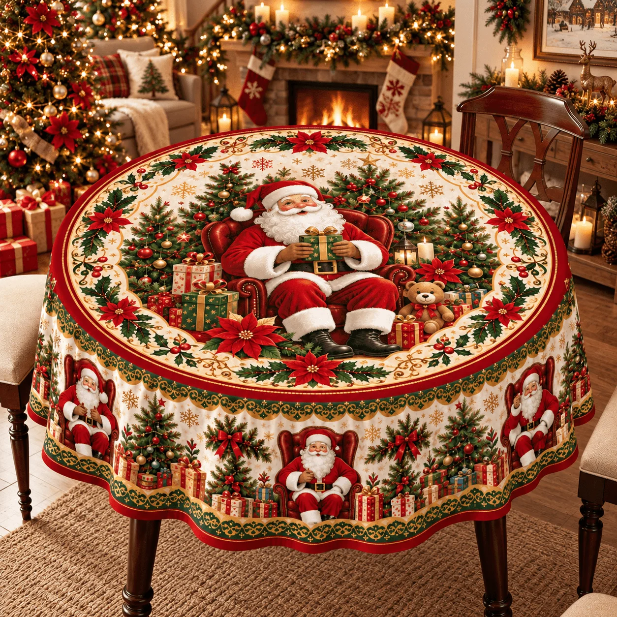 Round tablecloth for Christmas trees and poinsettias - Vintage Santa with classic red and green holiday decorations