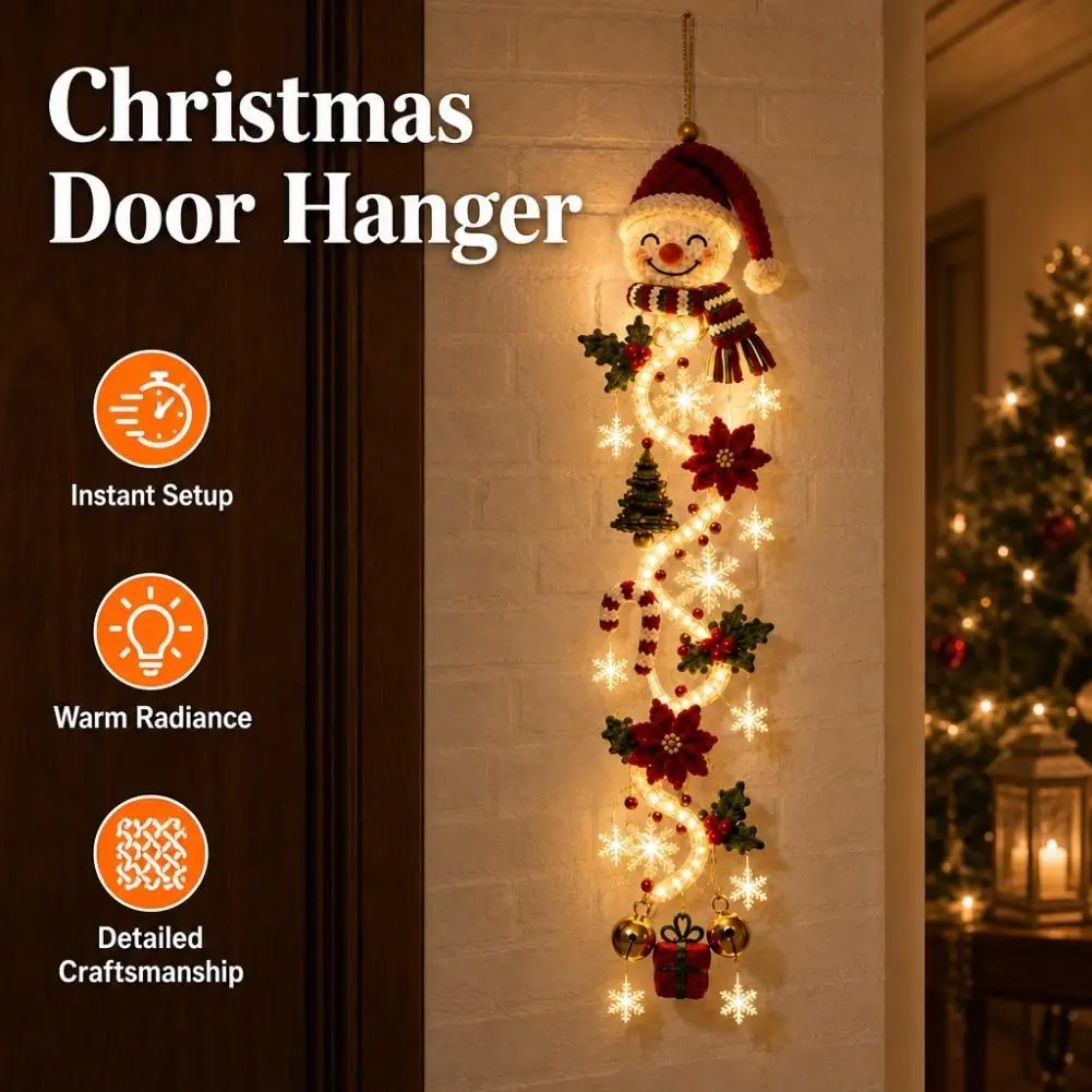 Glowing Christmas Door Hanger With Bell Warm LED Light Xmas Wall Hanging Decoration For Front Door Home Holiday Party Ornament