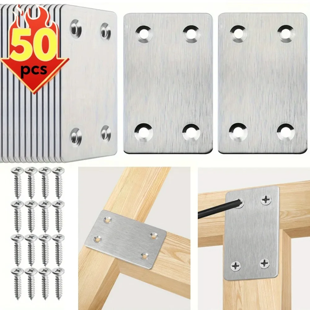 

50-10PCS Stainless Steel Flat Right Angle Bracket Repair Board Furniture Fixed Connection Four Hole Corner Bracket with Screws