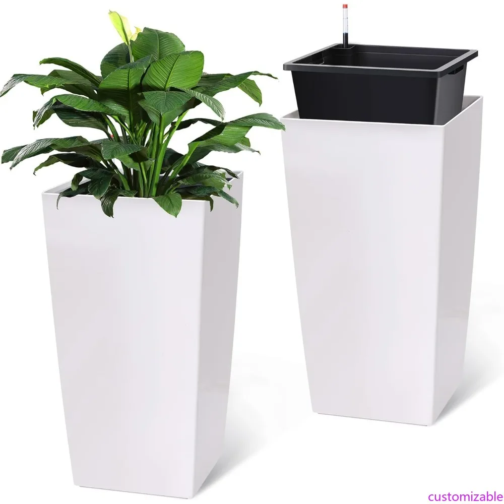 

GAOMON 30 Inch Tall Planters - Pair of Durable Outdoor Plant Pots with Drainage and Water Level Indicator