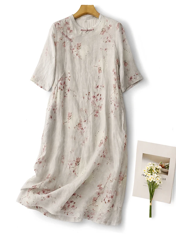 

New Chinese Sle Cotton Linen Long Dr with Stand Collar And Side Buttons Vintage Print Commuter Loose Fit Summer Dr