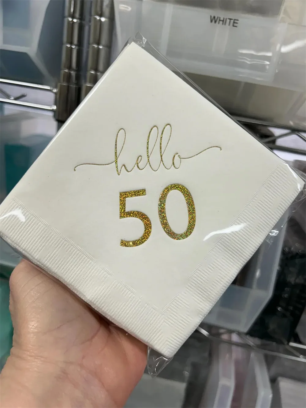 50PCS Hello Fifty White w/Metallic Glitter Gold Foil Cocktail Beverage Napkins 3 Ply Happy Birthday 50th Hello 50 Fifty Fiftieth