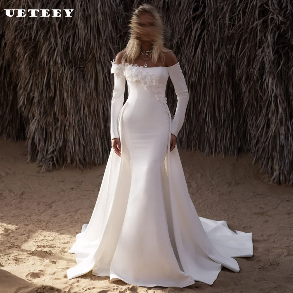 

UETEEY Customized Elegant Off Shoulder Flowers Crepe Mermaid Wedding Dress Zipper Back Detachable Court Train Bridal Gown