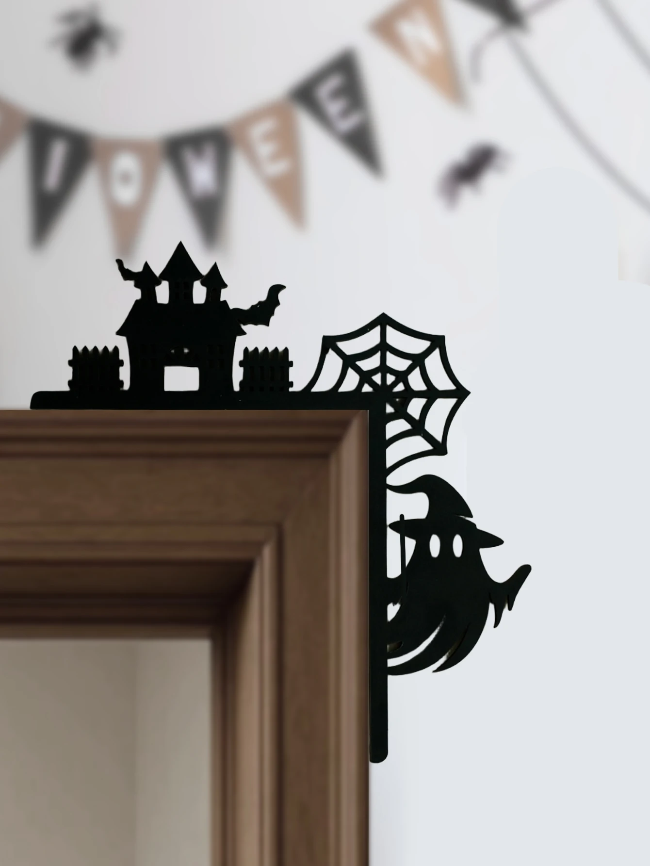 Wooden Halloween Door Corner Decor, Gothic Haunted House, Ghost & Spider Web Design, Black Wall Hanging Ornament for Home Party
